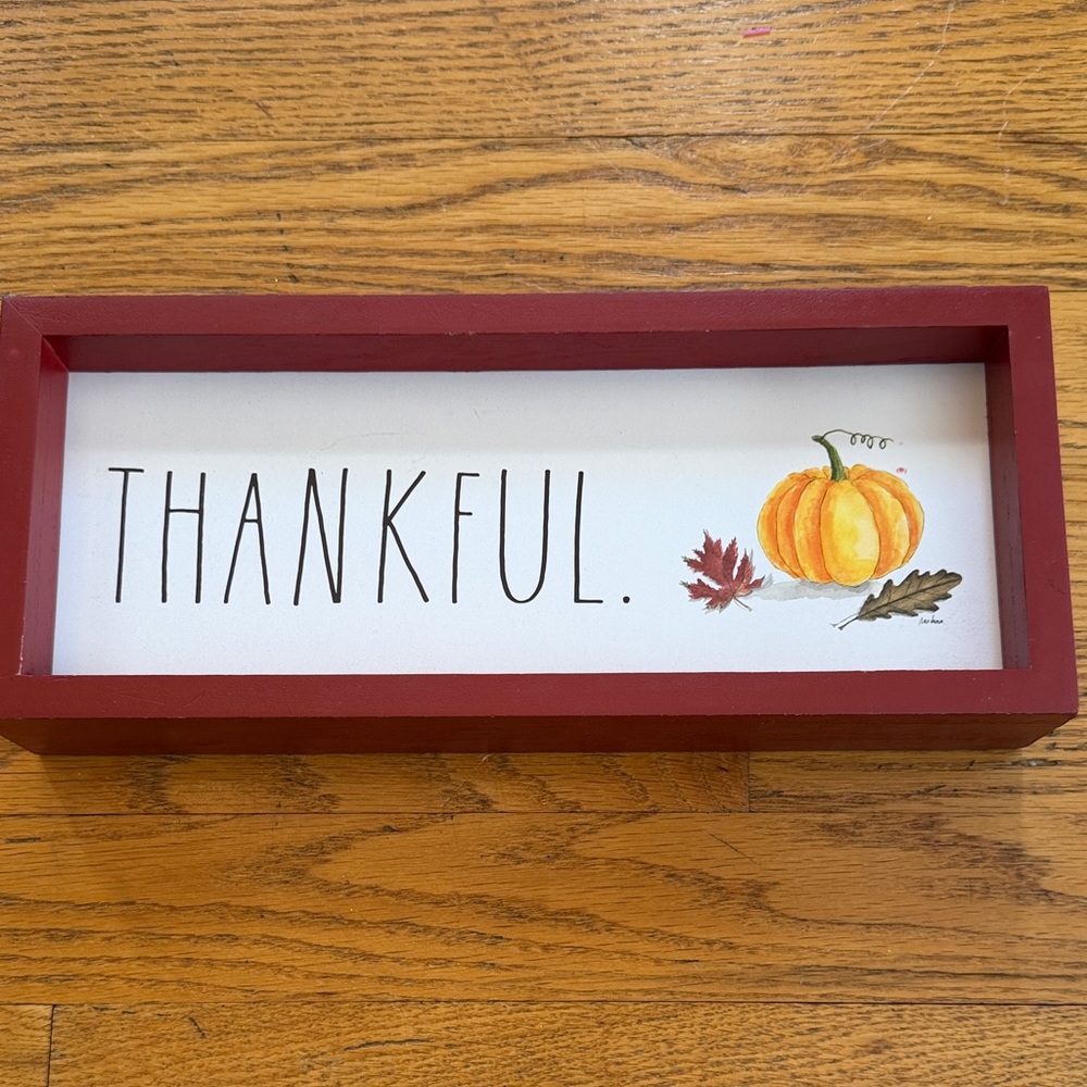 Rae Dunn Thankful Sign with Red Frame Leaves and Pumpkin